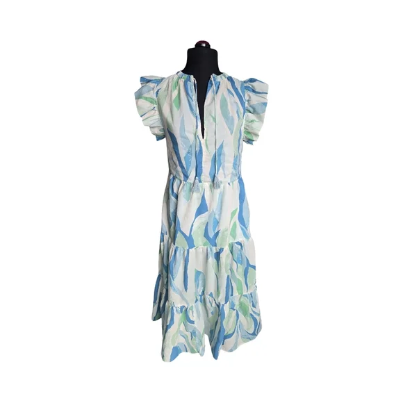 Blue & Green Flutter Sleeve Maxi Dress 100% Cotton Size S Coastal Cottagecore - Picture 10 of 11